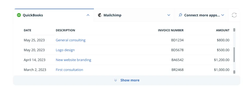 crm integrations - quickbooks widget