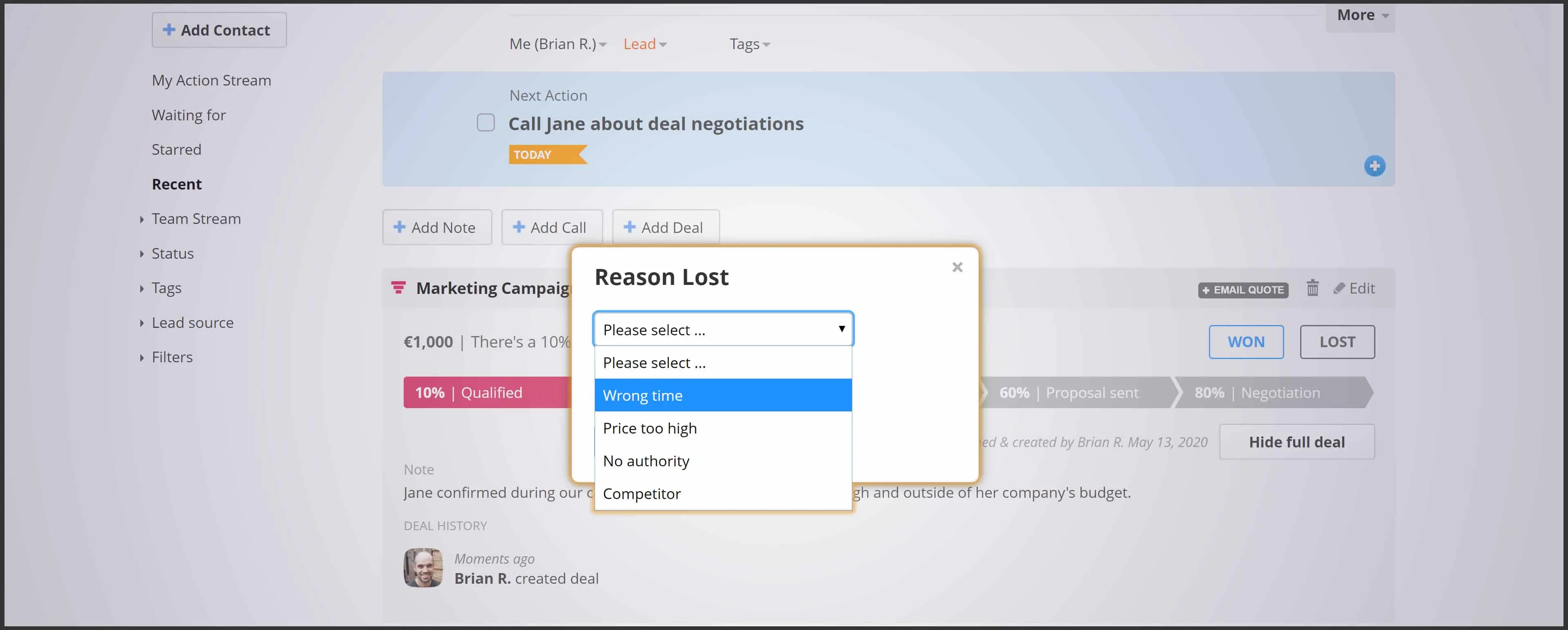 Dropdown for deal loss OnePageCRM