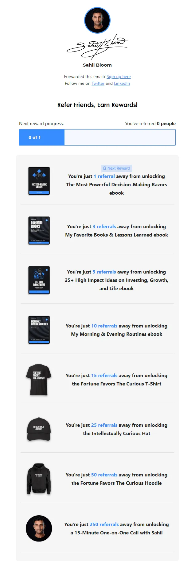 Referral section from Sahil Bloom newsletter