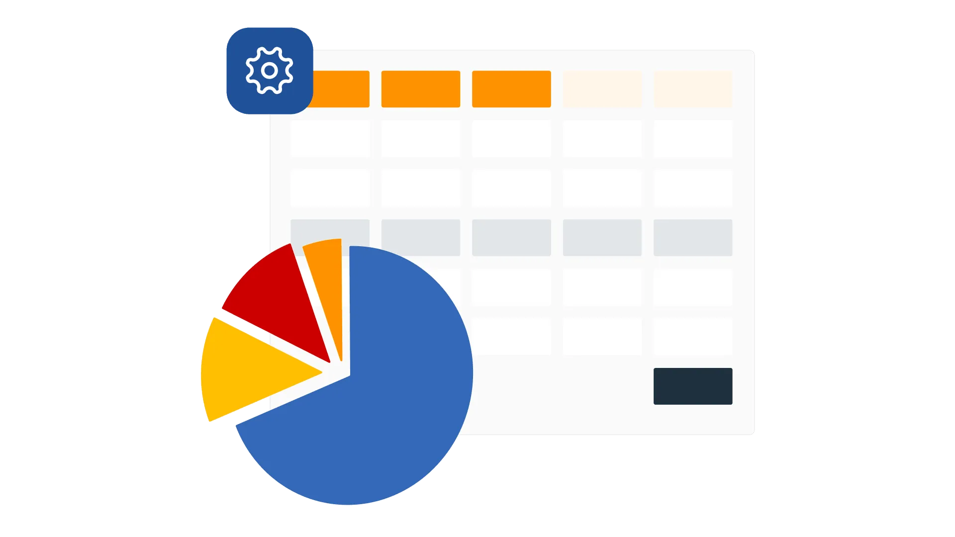 A pie chart with four coloured segments in front of a report table, with a settings cog on the corner