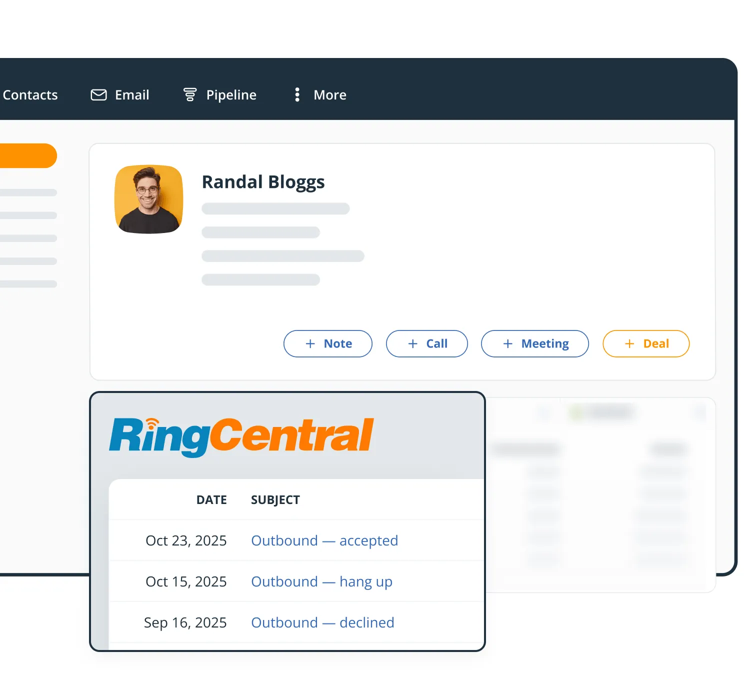 The RingCentral widget on a OnePageCRM contact page, listing calls with their types and durations.