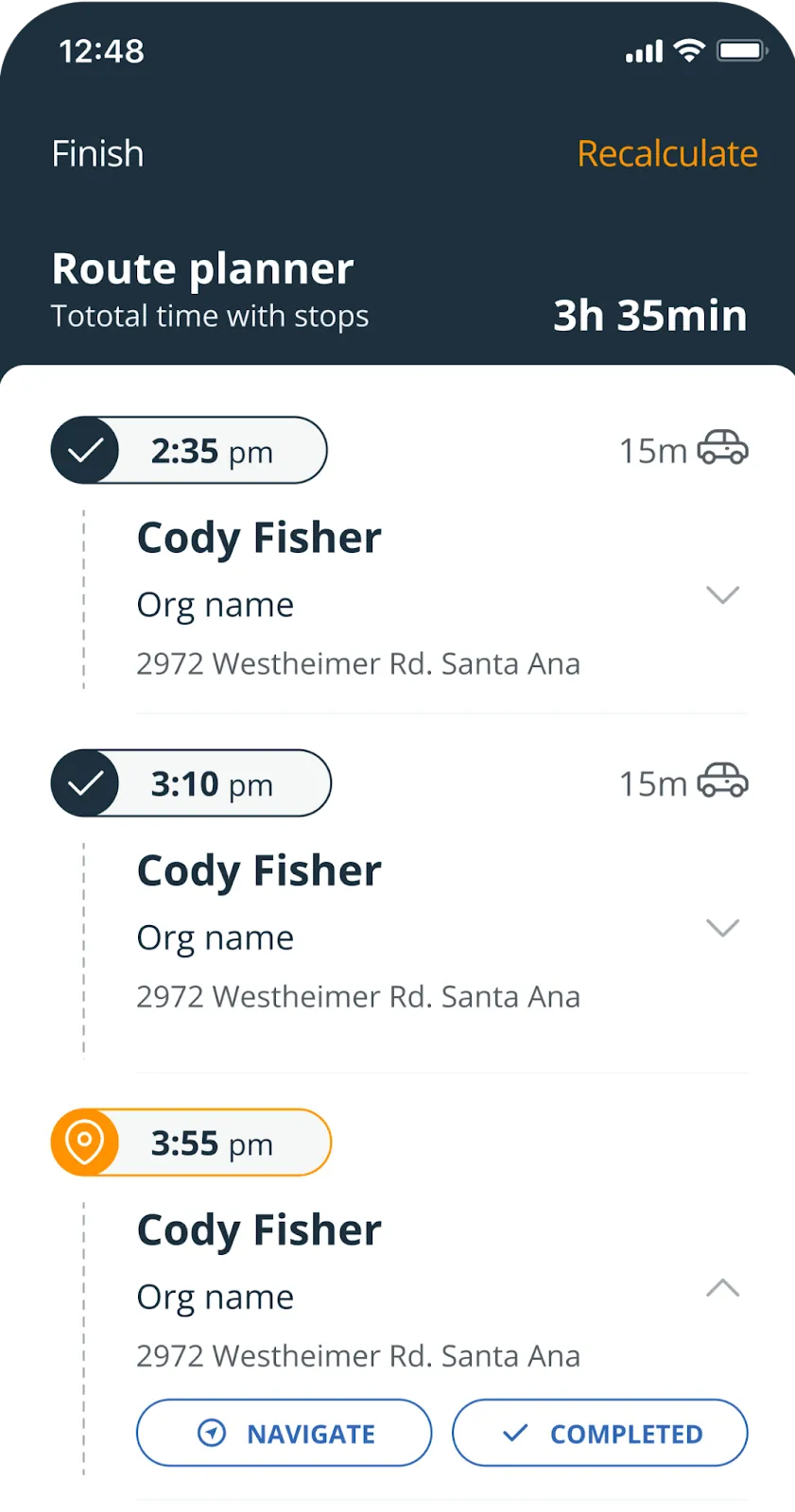 The On the Road app planning an afternoon of client visits, each stop timed, with Navigate and Completed buttons on the next one