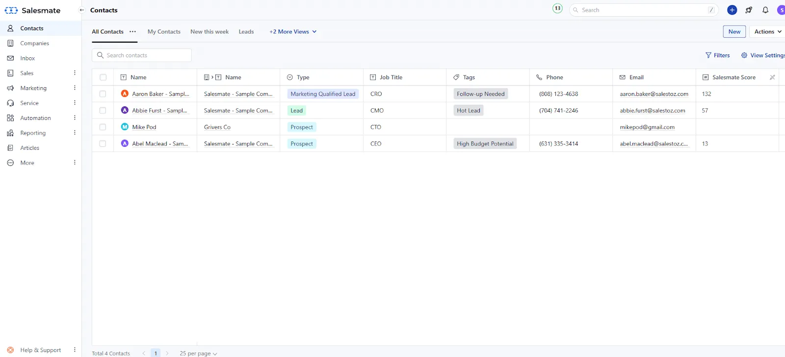 salesmate crm contact list
