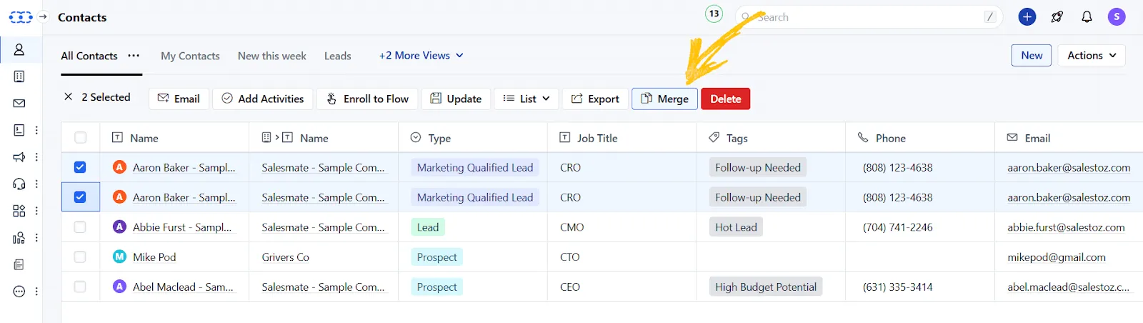 salesmate crm contact merge
