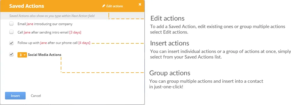 The Saved Actions panel, annotated: editing actions, inserting one, and grouping several