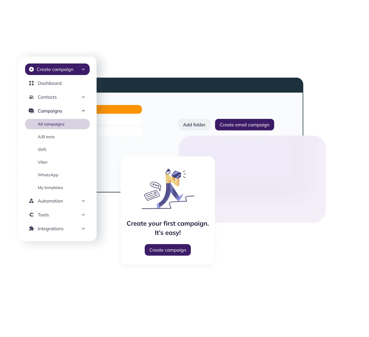 The campaigns menu in Selzy, with email, SMS, Viber, and WhatsApp campaign types.