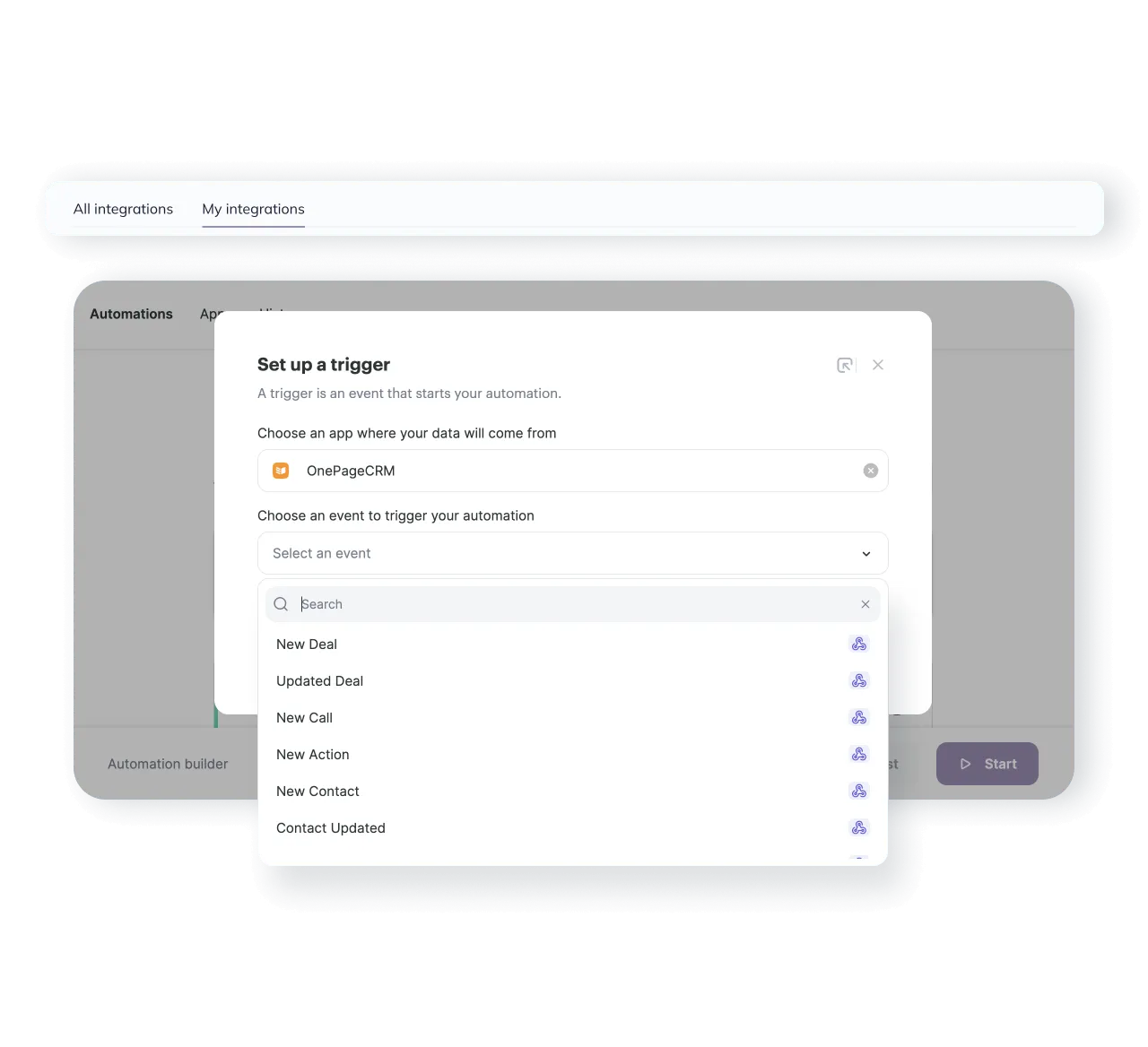 Setting up a trigger in Selzy with OnePageCRM events like New Deal, New Call, and Contact Updated.