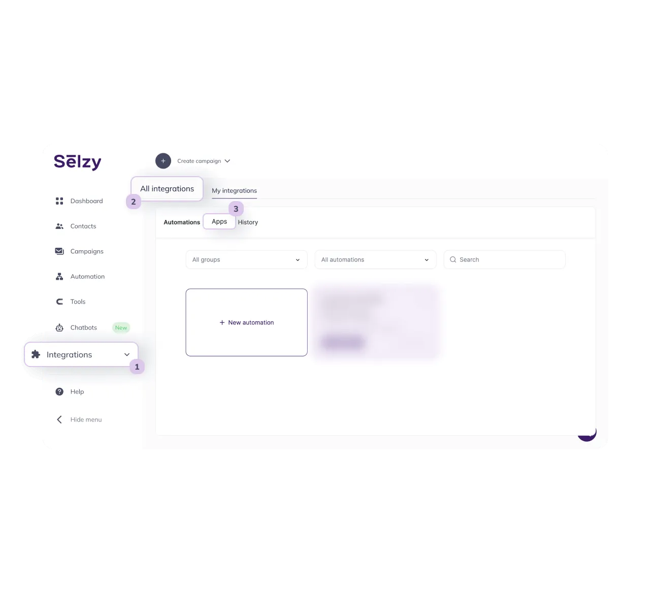 The Integrations screen in Selzy, three clicks from a new OnePageCRM automation.