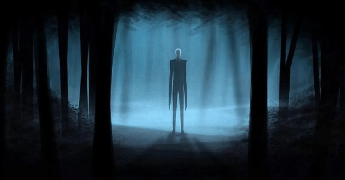 The Slender Man standing among the trees in a dark forest