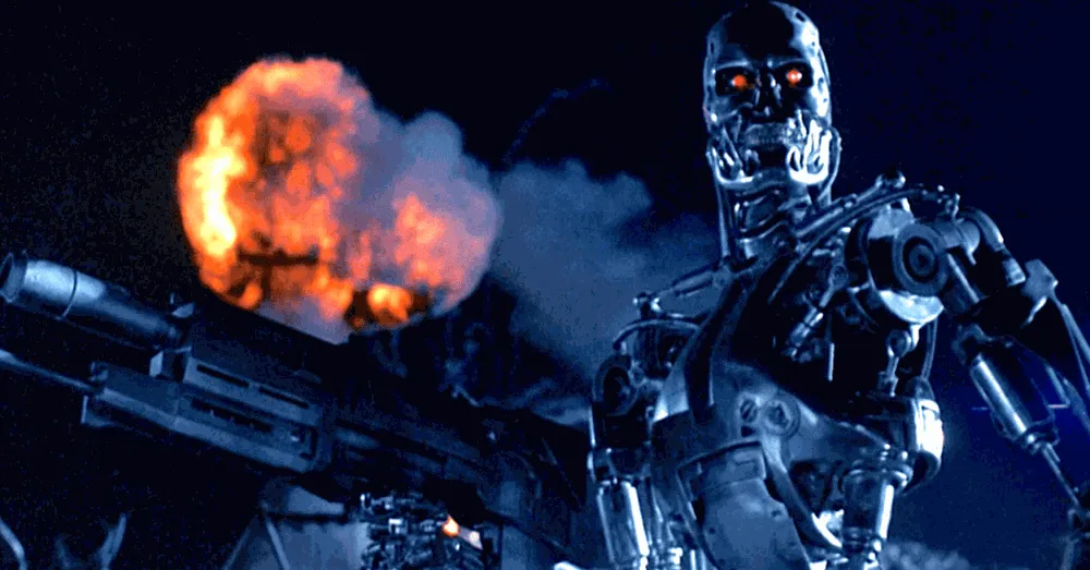 A Terminator endoskeleton walking out of an explosion