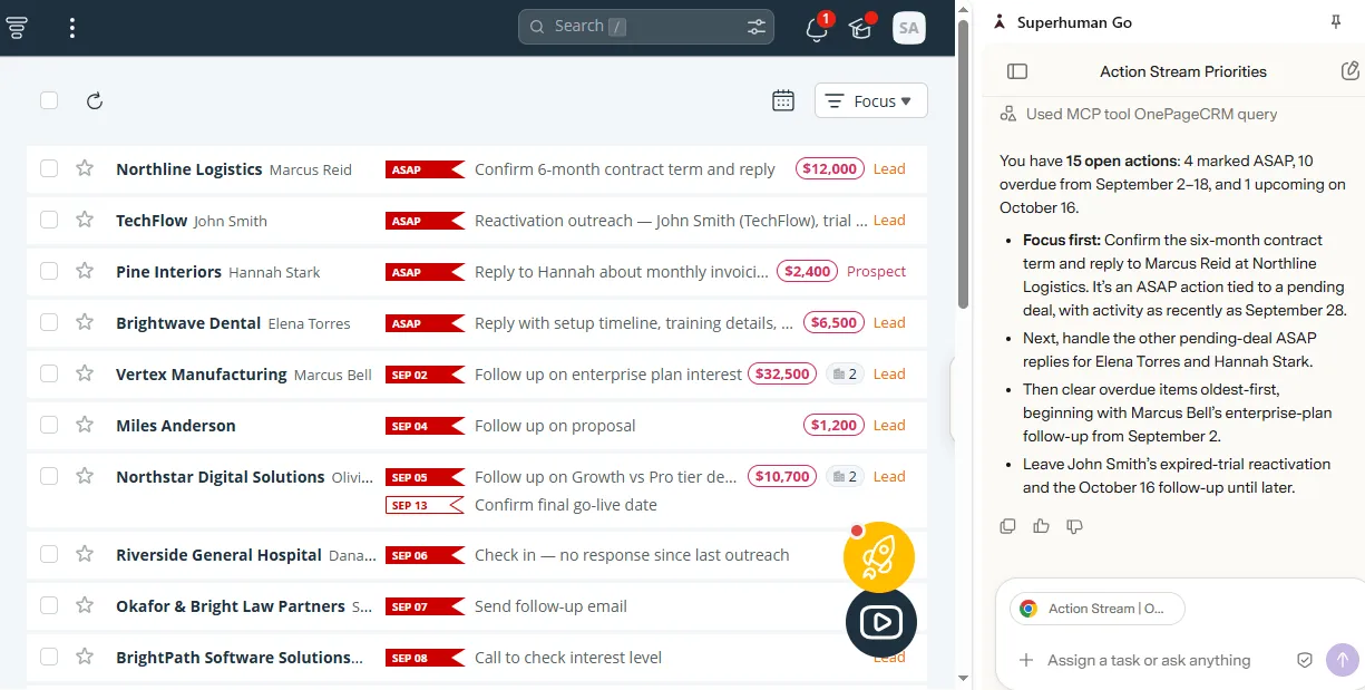 summarize onepagecrm agenda with superhuman go