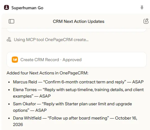 add onepagecrm follow-ups with superhuman go