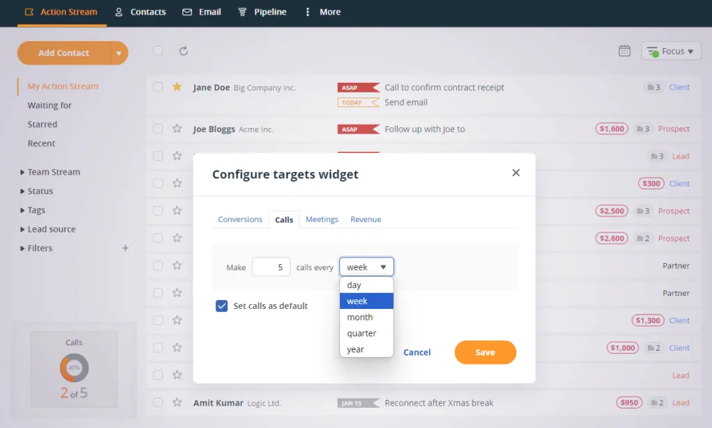 configuring sales targets in the widget