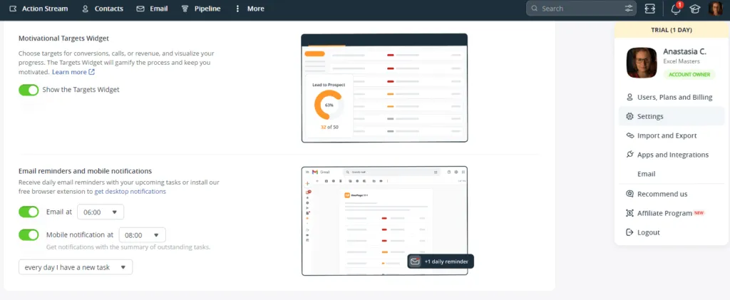 enabling the targets widget in settings