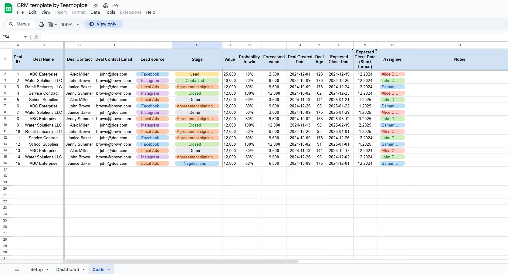 free crm spreadsheet template by Teamopipe