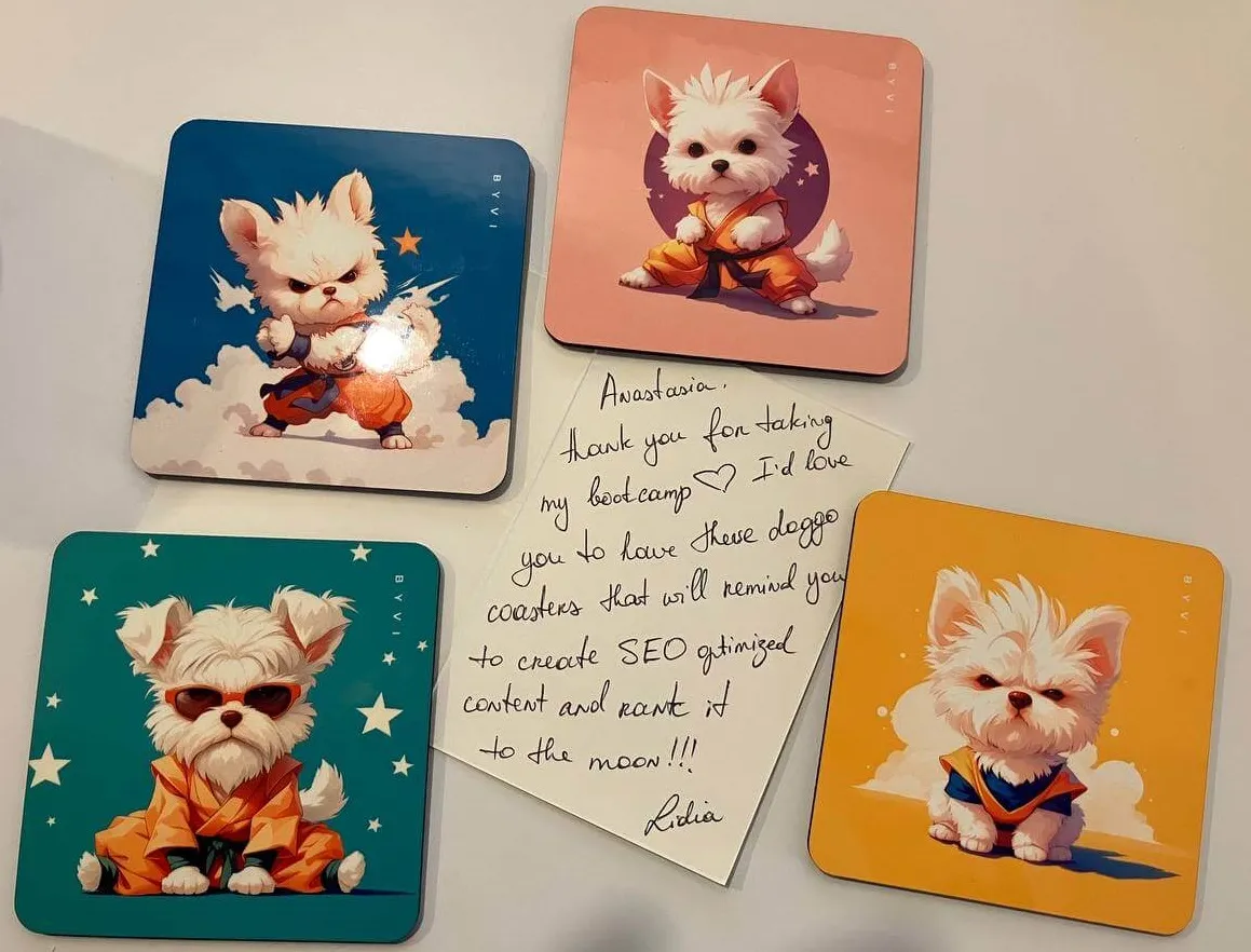 Handwritten thank-you note on a set of coasters