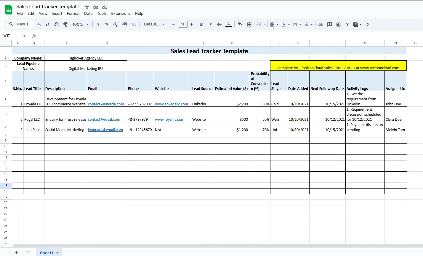 free lead tracker template by ToolsOnCloud