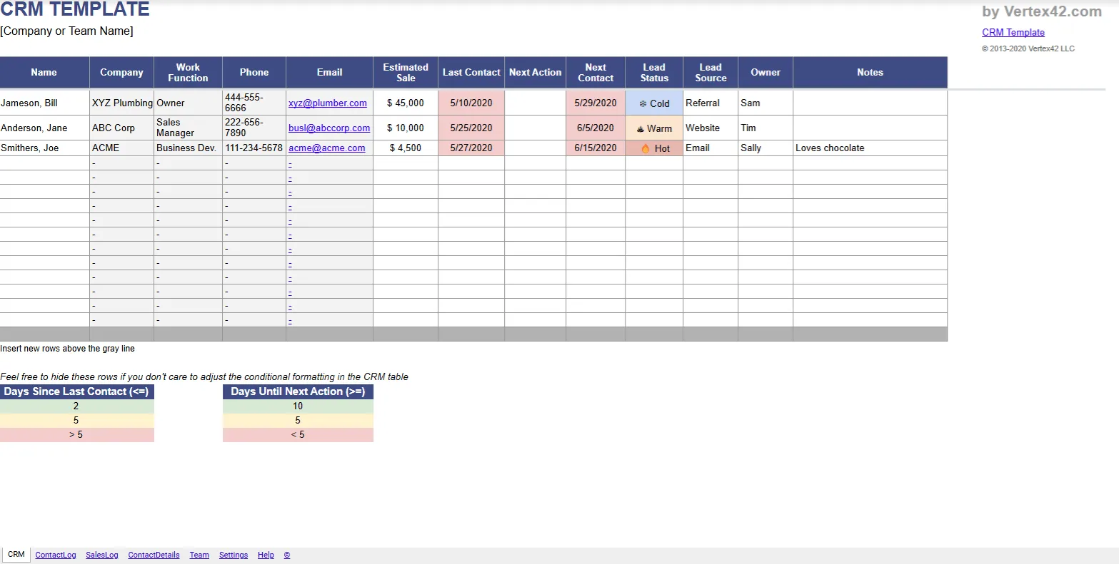 free crm spreadsheet by vertex42