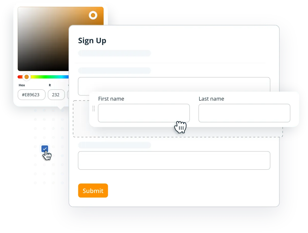 The Web Forms builder in OnePageCRM, with a color picker and a field being dragged into a sign-up form.