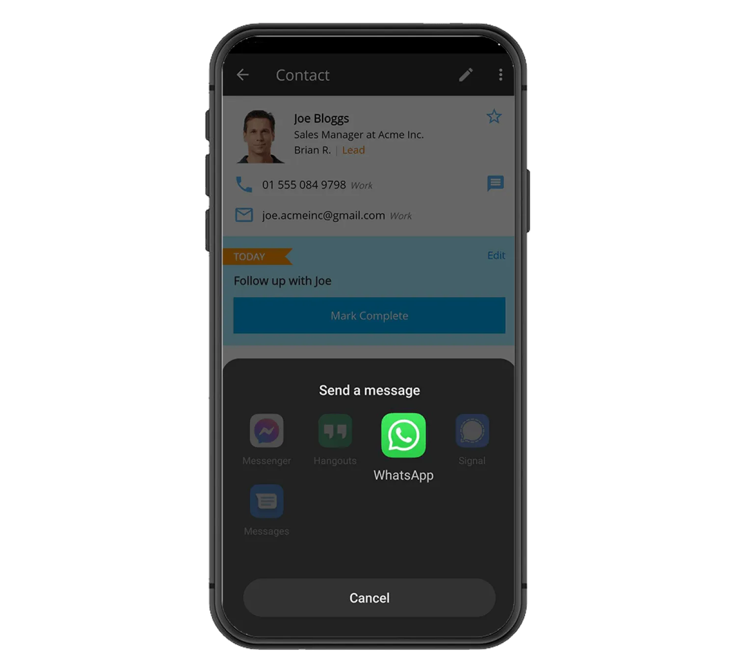 A contact in OnePageCRM's mobile app with WhatsApp selected to send them a message.