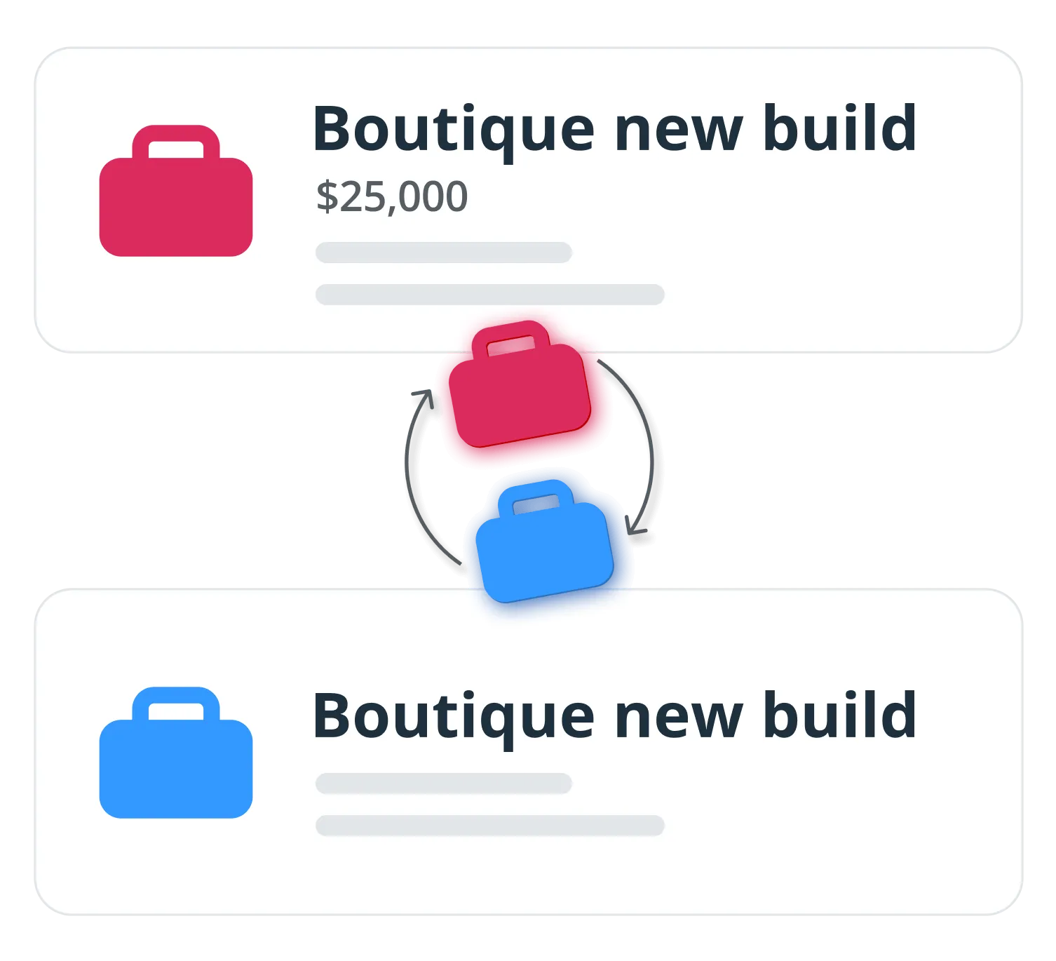 A deal shown twice, once in red and once in blue, with two arrows circling between them to show it moving from the sales pipeline to the delivery one