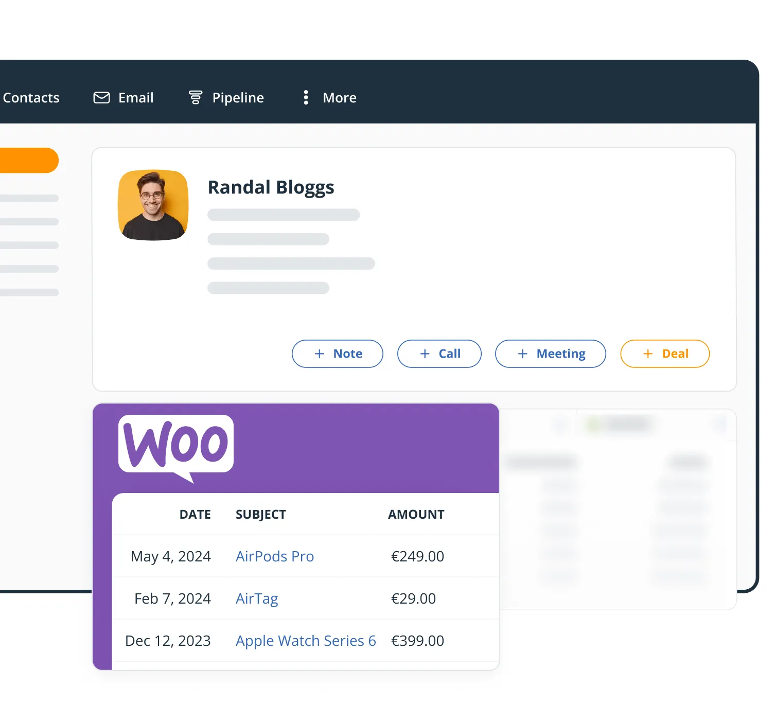 The WooCommerce widget on a OnePageCRM contact page, listing orders with their numbers and amounts.