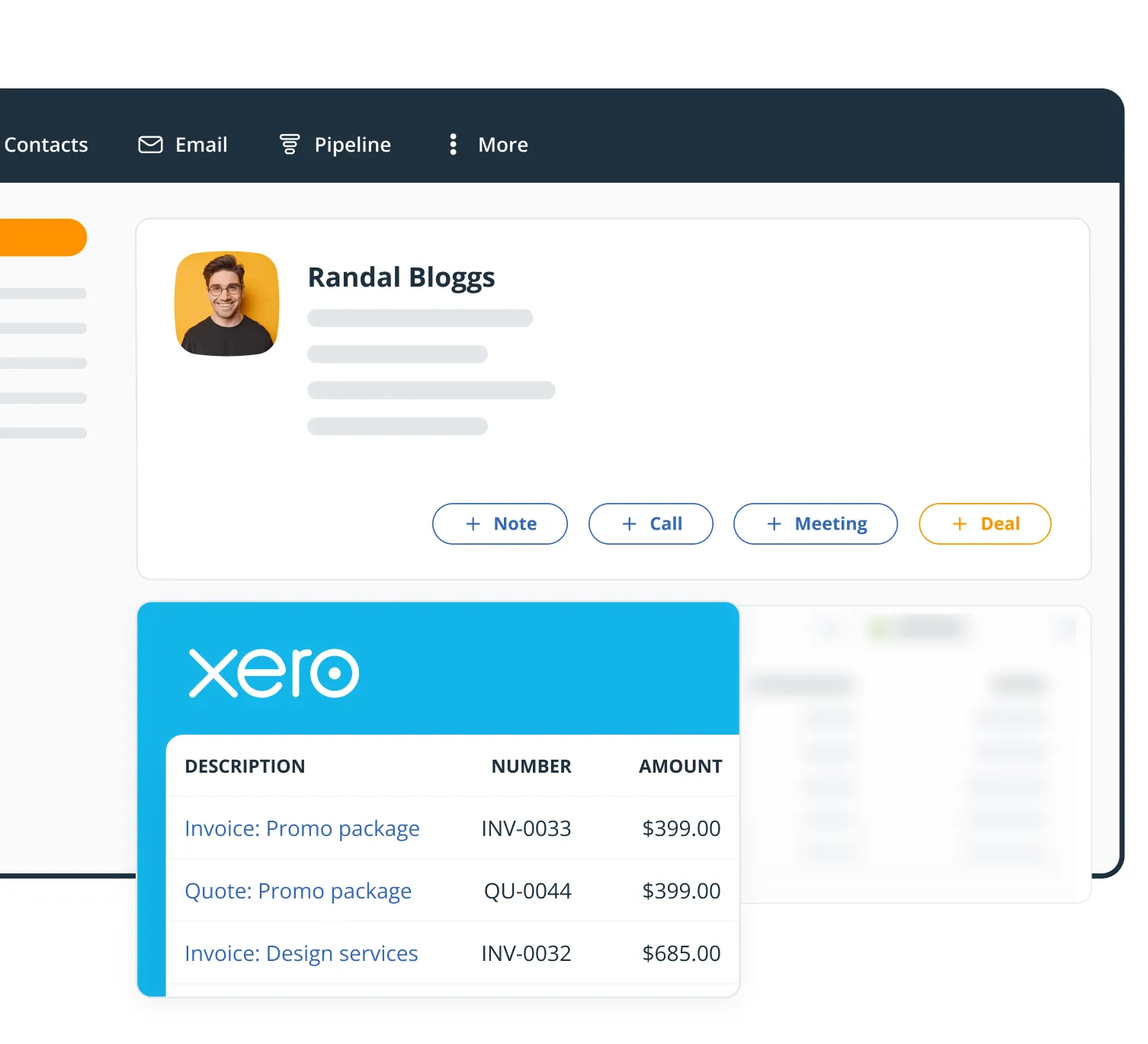 The Xero widget on a OnePageCRM contact page, listing invoices and quotes with their amounts.