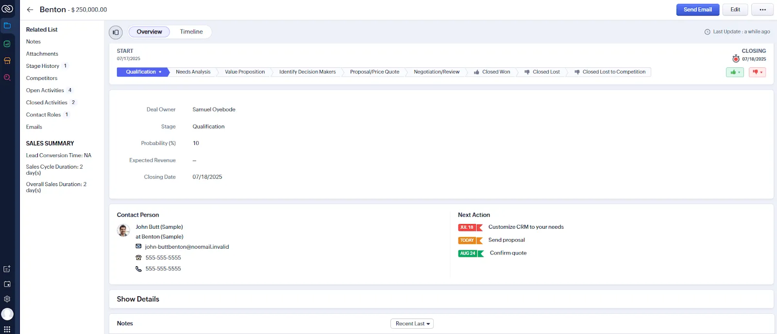 zoho crm deal page