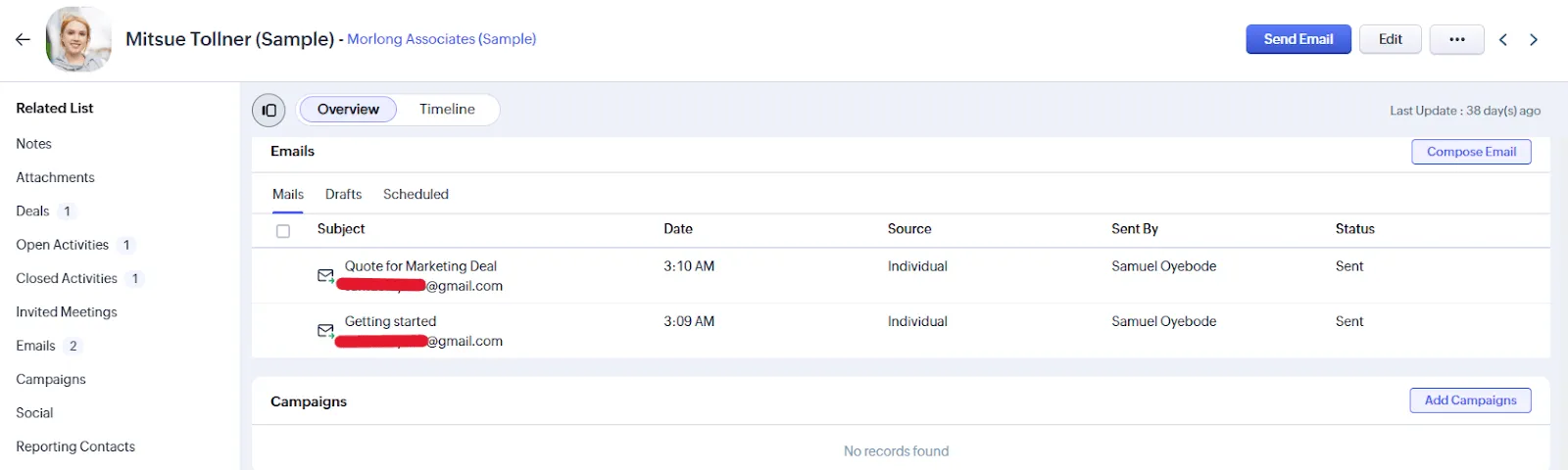 zoho crm email logs