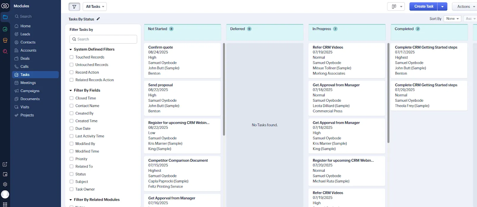 kanban task board in zoho crm
