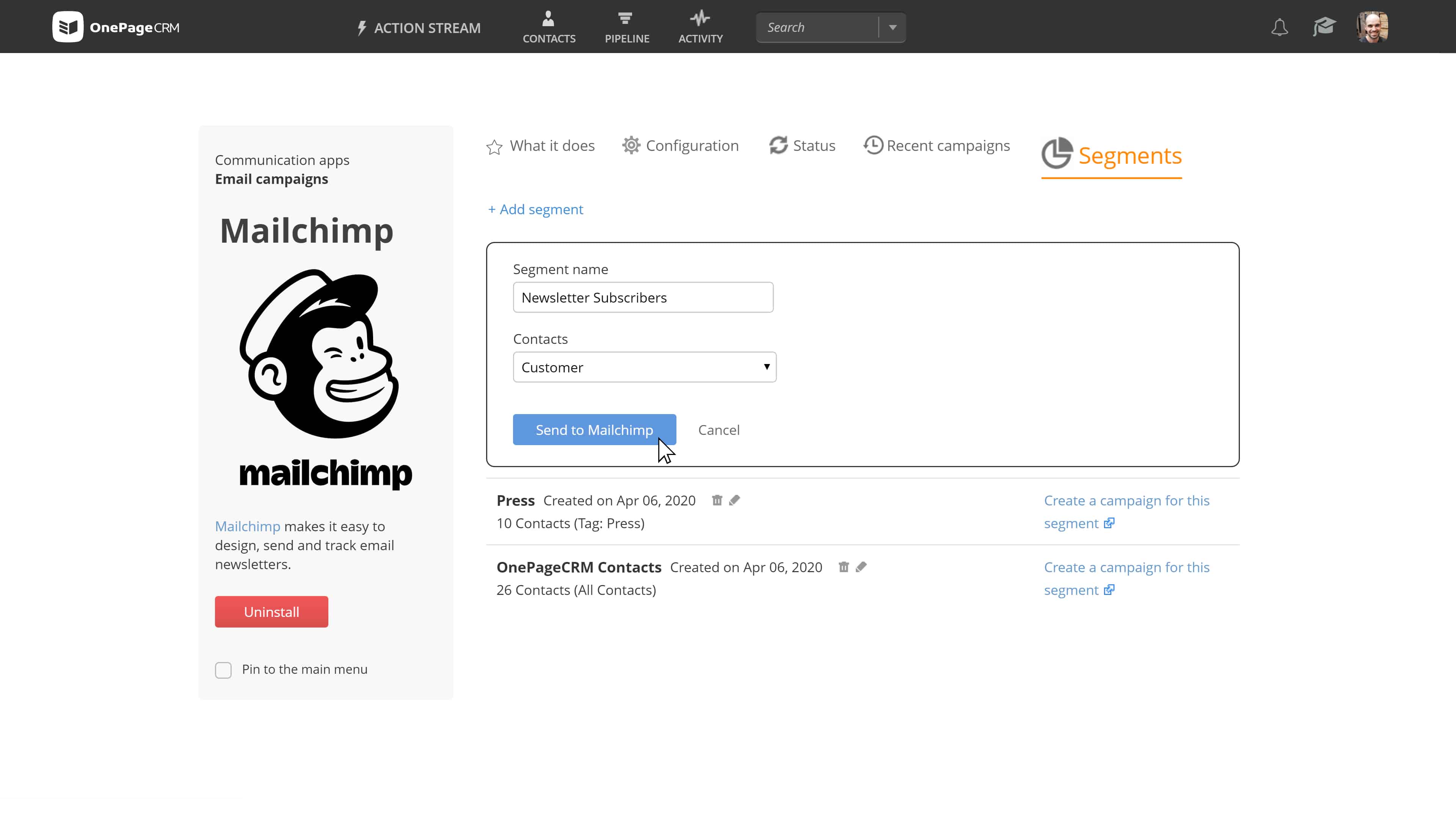 Mailchimp integration with CRM OnePageCRM