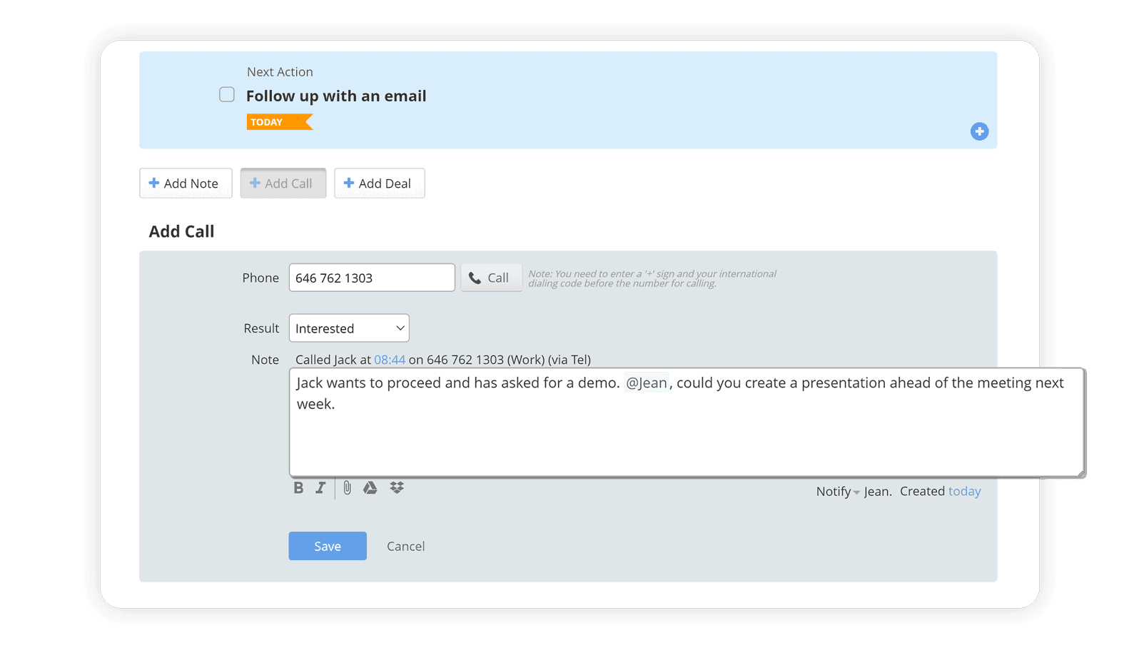 Add calls straight from OnePageCRM