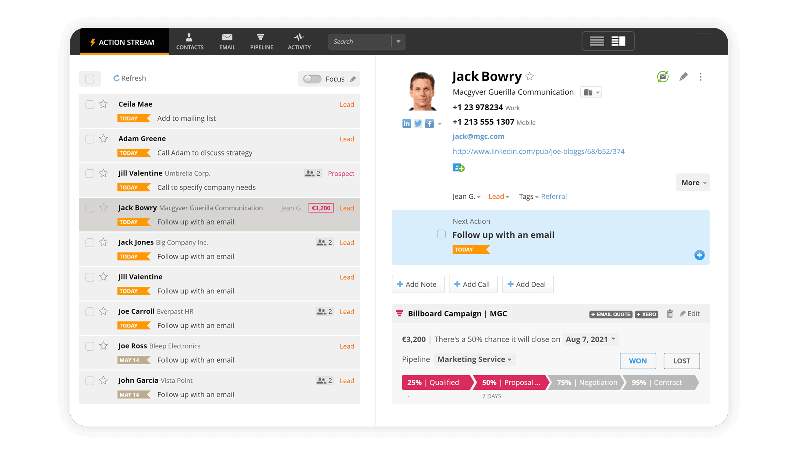 With OnePageCRM, it's easy to track and organize your clients’ information in one place