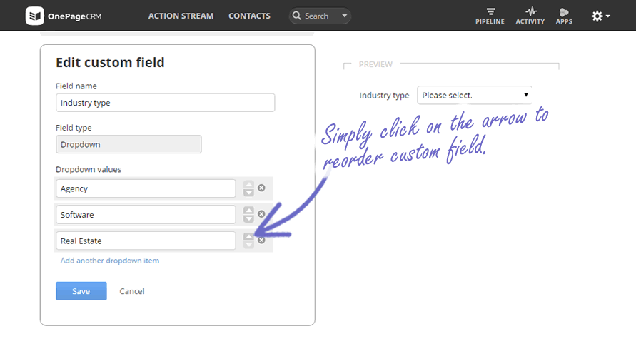 Re-Order custom fields in OnePageCRM