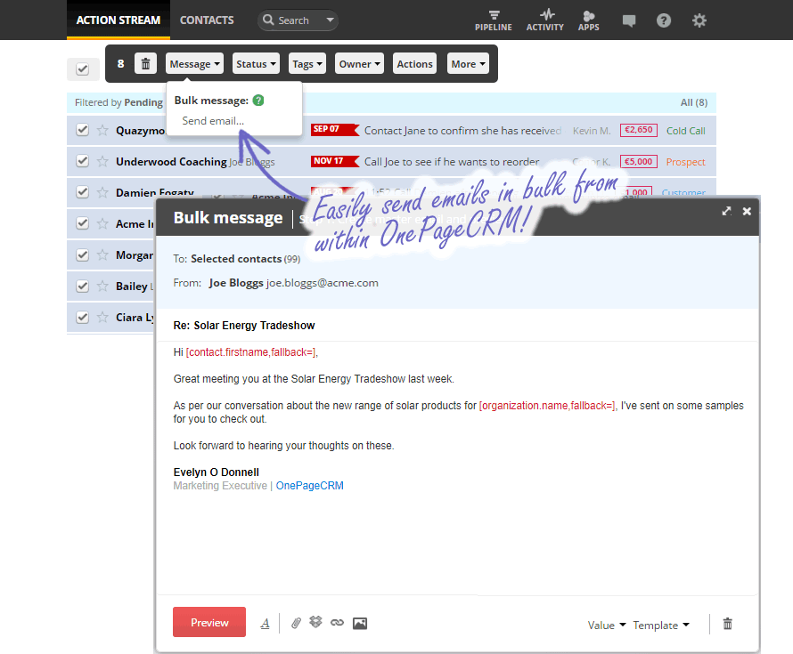 OnePageCRM bulk emails