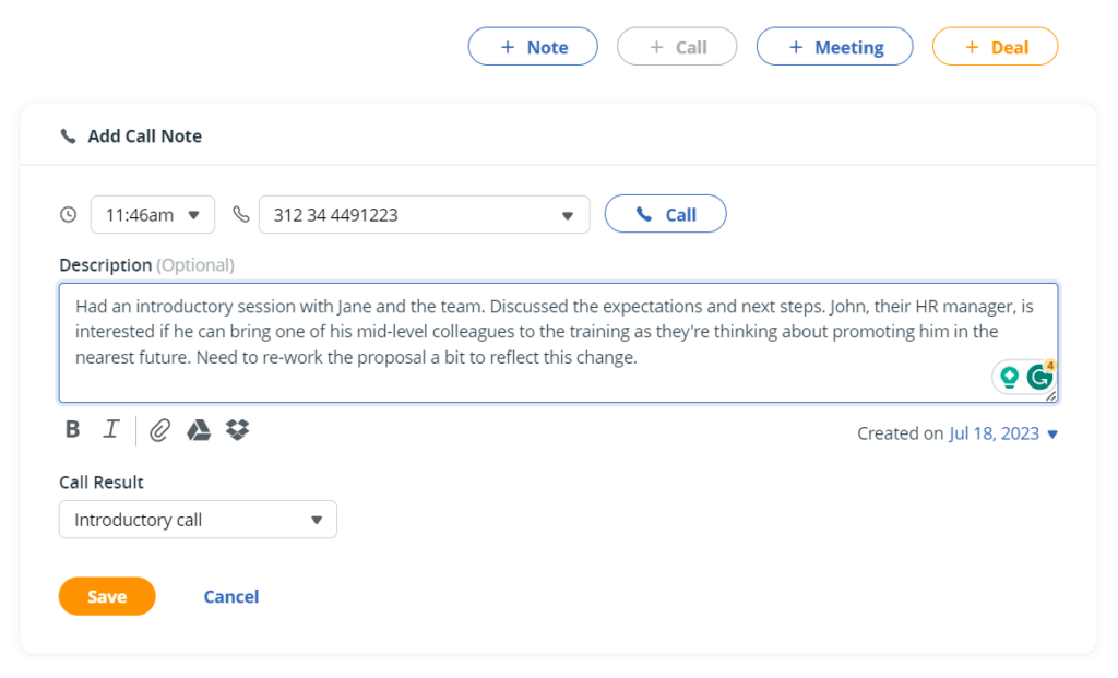 call notes in your CRM