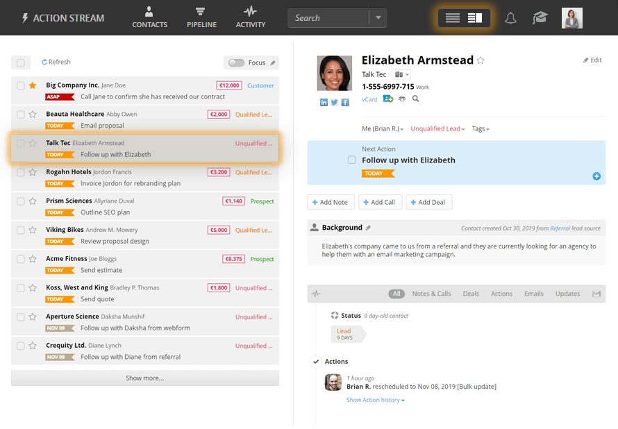 Qualify leads in split-pane in OnePageCRM