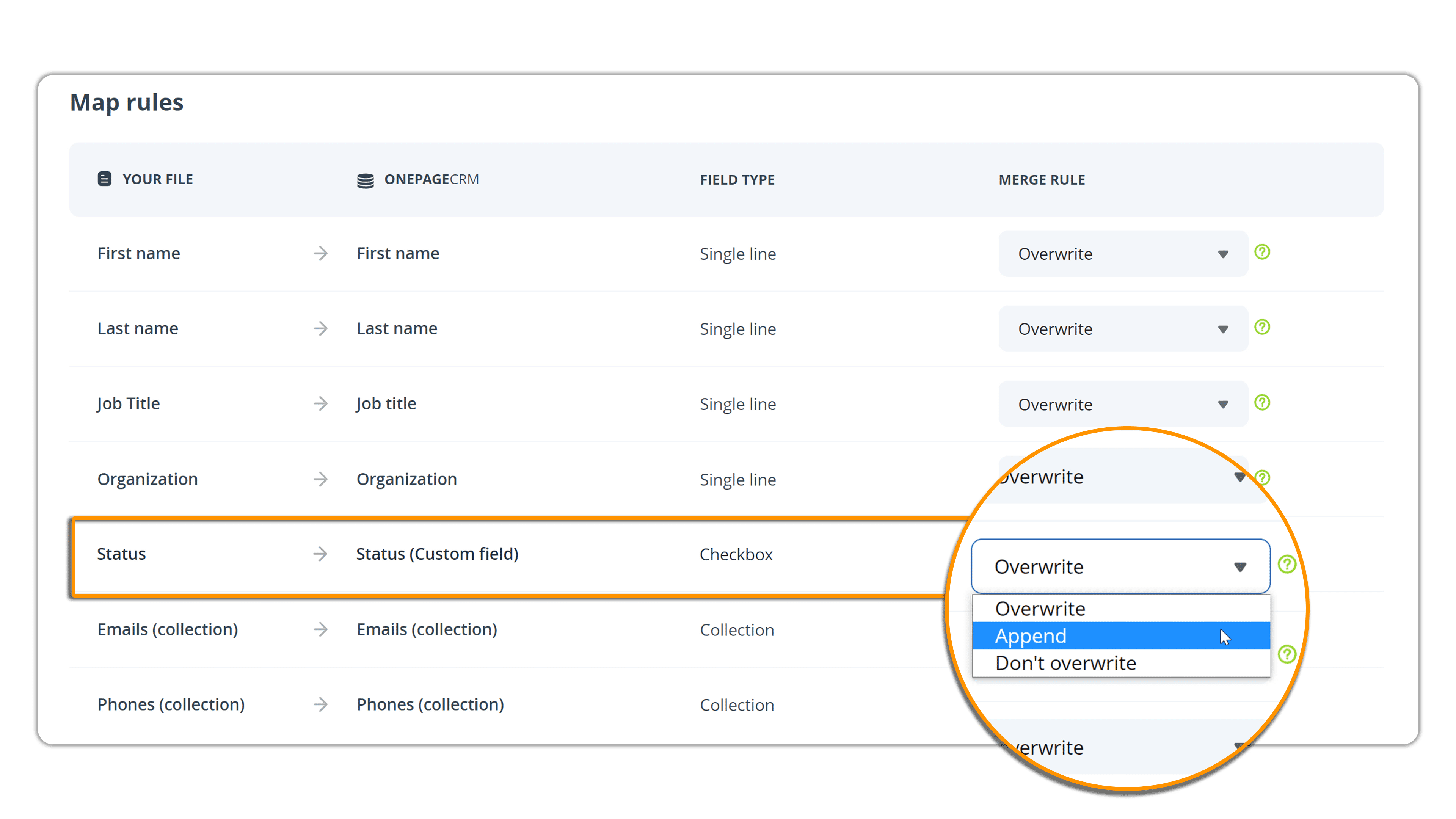 In OnePageCRM, you can bulk update contacts using the Merge Import feature