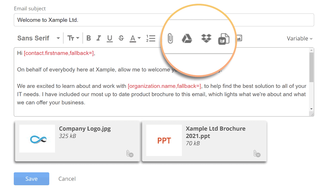 You can attach files to your email templates from your local device, Google Drive, Dropbox, or the OnePageCRM Documents page