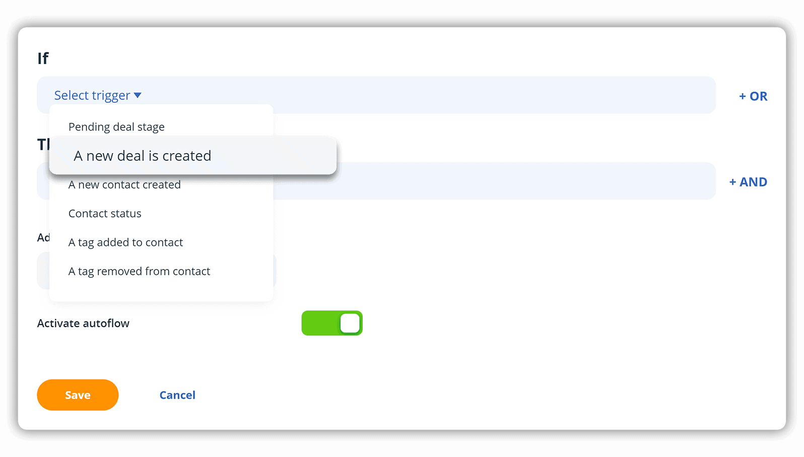 In OnePageCRM, users can choose a trigger to set up their sales automation process