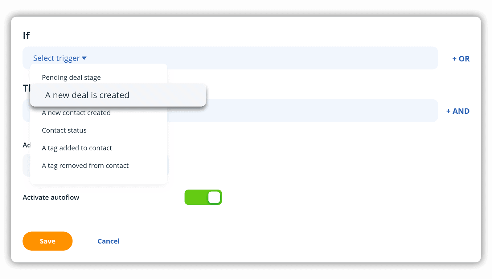 Autoflow_blog_image01 In OnePageCRM, users can choose a trigger to set up their sales automation process