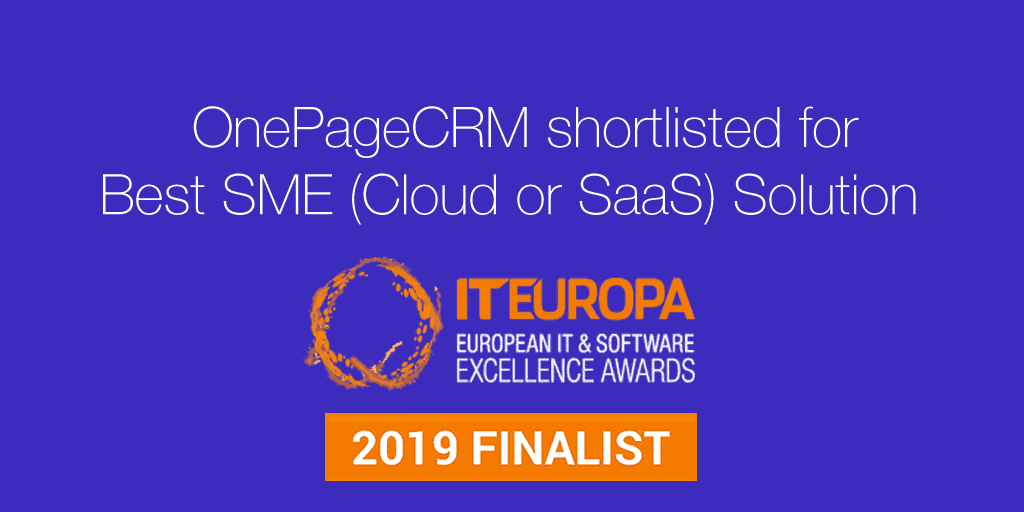 OnePageCRM shortlisted for Best SME (Cloud or SaaS) Solution 2019 at IT Europa Awards