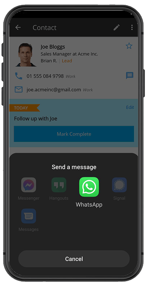 OnePageCRM mobile WhatsApp Integration