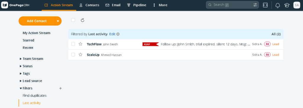 last activity filter in onepagecrm