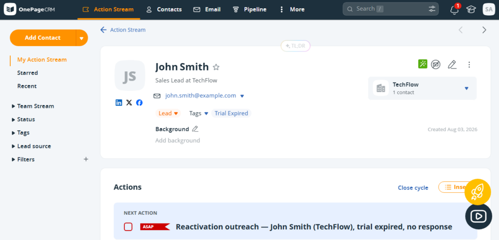 next action created in onepagecrm