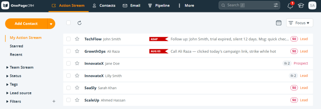 onepagecrm contacts synced to activecampaign