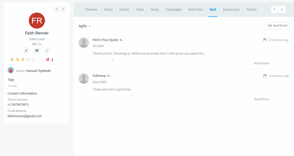 agile crm email records