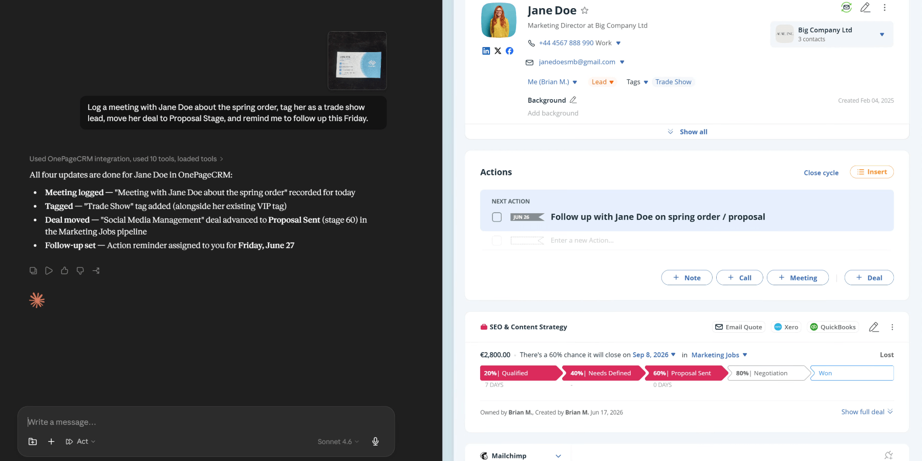 ai sales assistant in onepagecrm