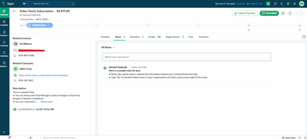 bigin crm deal page