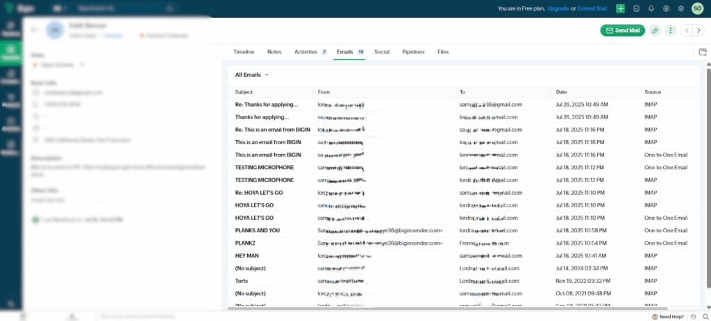 bigin crm email records